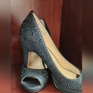 Adrienne Vittadini Black Crystal Peep-Toe Heels